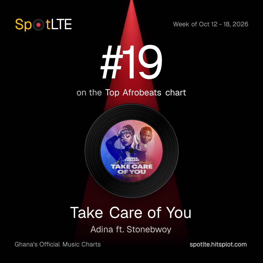 “Take Care of You” by Adina ft. Stonebwoy is #19 on SpotLTE's Top Afrobeats this week (shareable graphic)
