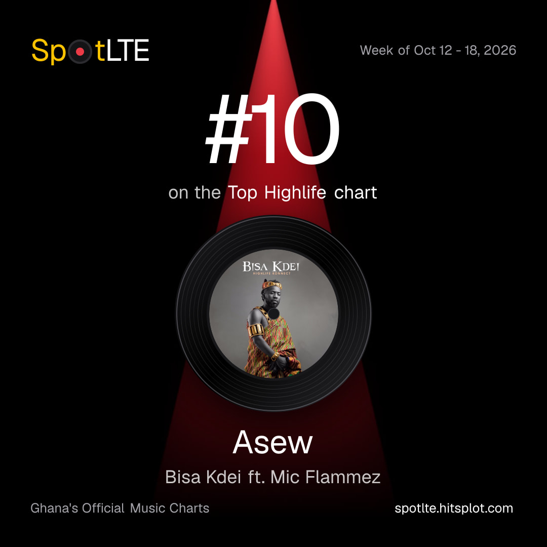 “Asew” by Bisa Kdei ft. Mic Flammez is #10 on SpotLTE's Top Highlife this week (shareable graphic)