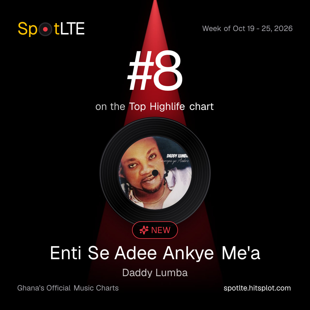 “Enti Se Adee Ankye Me'a” by Daddy Lumba is #8 on SpotLTE's Top Highlife this week (shareable graphic)