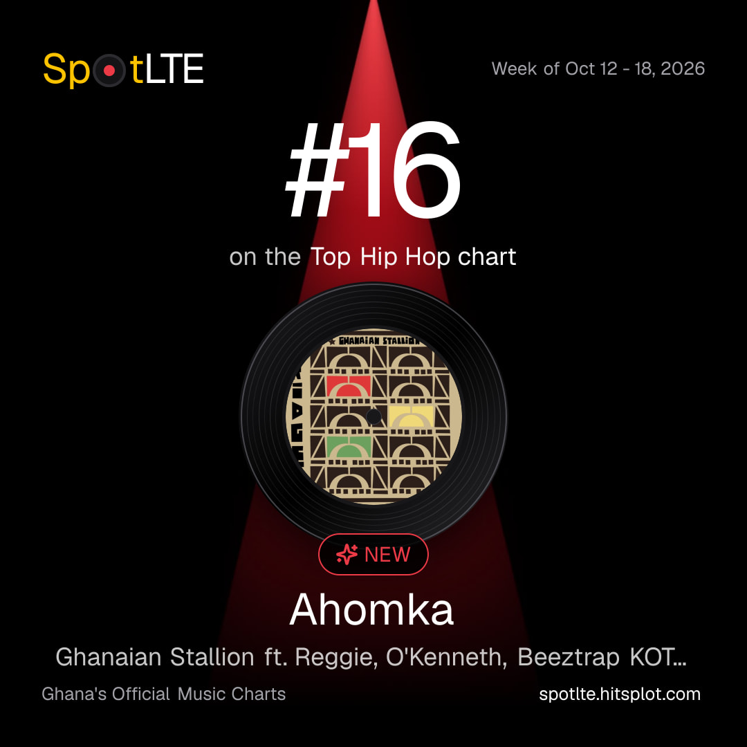 “Ahomka” by Ghanaian Stallion ft. Reggie, O'Kenneth, Beeztrap KOTM, Kwaku DMC is #16 on SpotLTE's Top Hip Hop this week (shareable graphic)