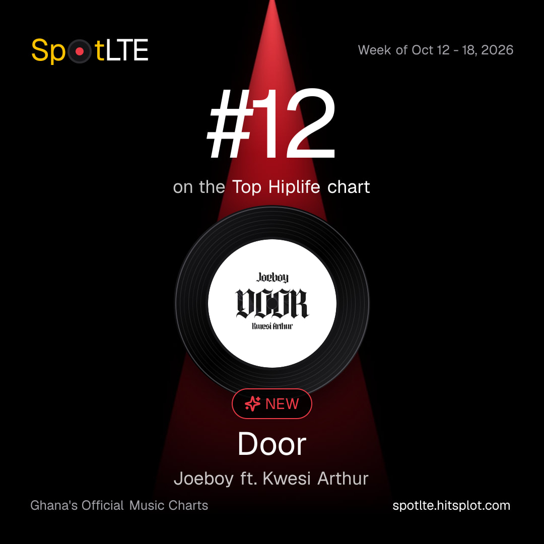 “Door” by Joeboy ft. Kwesi Arthur is #12 on SpotLTE's Top Hiplife this week (shareable graphic)