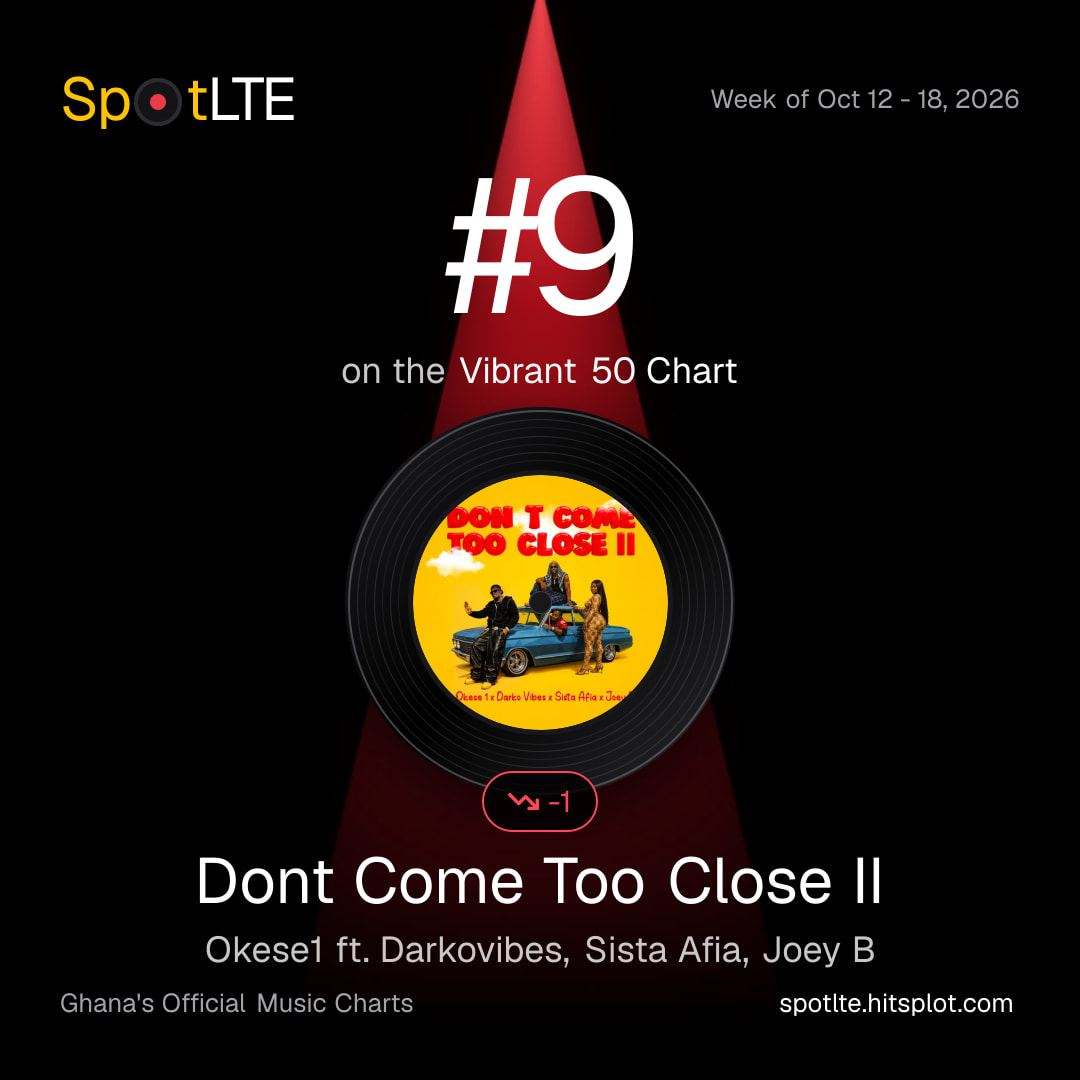 “Dont Come Too Close II” by Okese1 ft. Darkovibes, Sista Afia, Joey B is #9 on SpotLTE's Vibrant 50 Chart this week (shareable graphic)