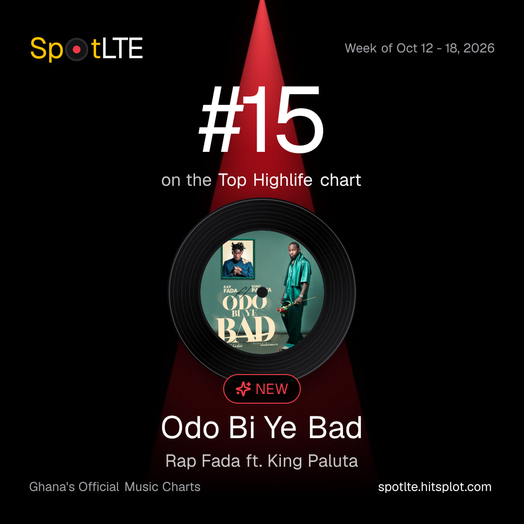 “Odo Bi Ye Bad” by Rap Fada ft. King Paluta is #15 on SpotLTE's Top Highlife this week (shareable graphic)