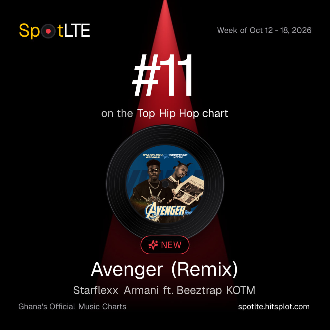 “Avenger (Remix)” by Starflexx Armani ft. Beeztrap KOTM is #11 on SpotLTE's Top Hip Hop this week (shareable graphic)