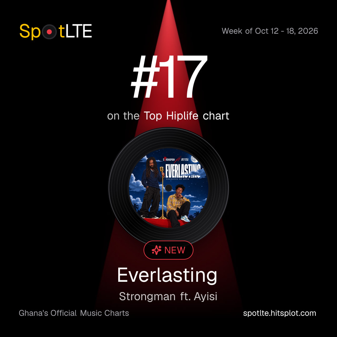 “Everlasting” by Strongman ft. Ayisi is #17 on SpotLTE's Top Hiplife this week (shareable graphic)